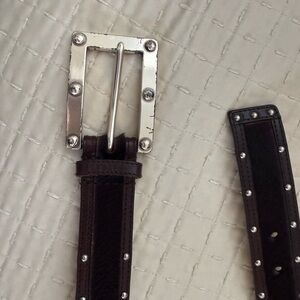 Michael Kors Chocolate Brown Leather & Calf Hair Belt with Silver Buckle